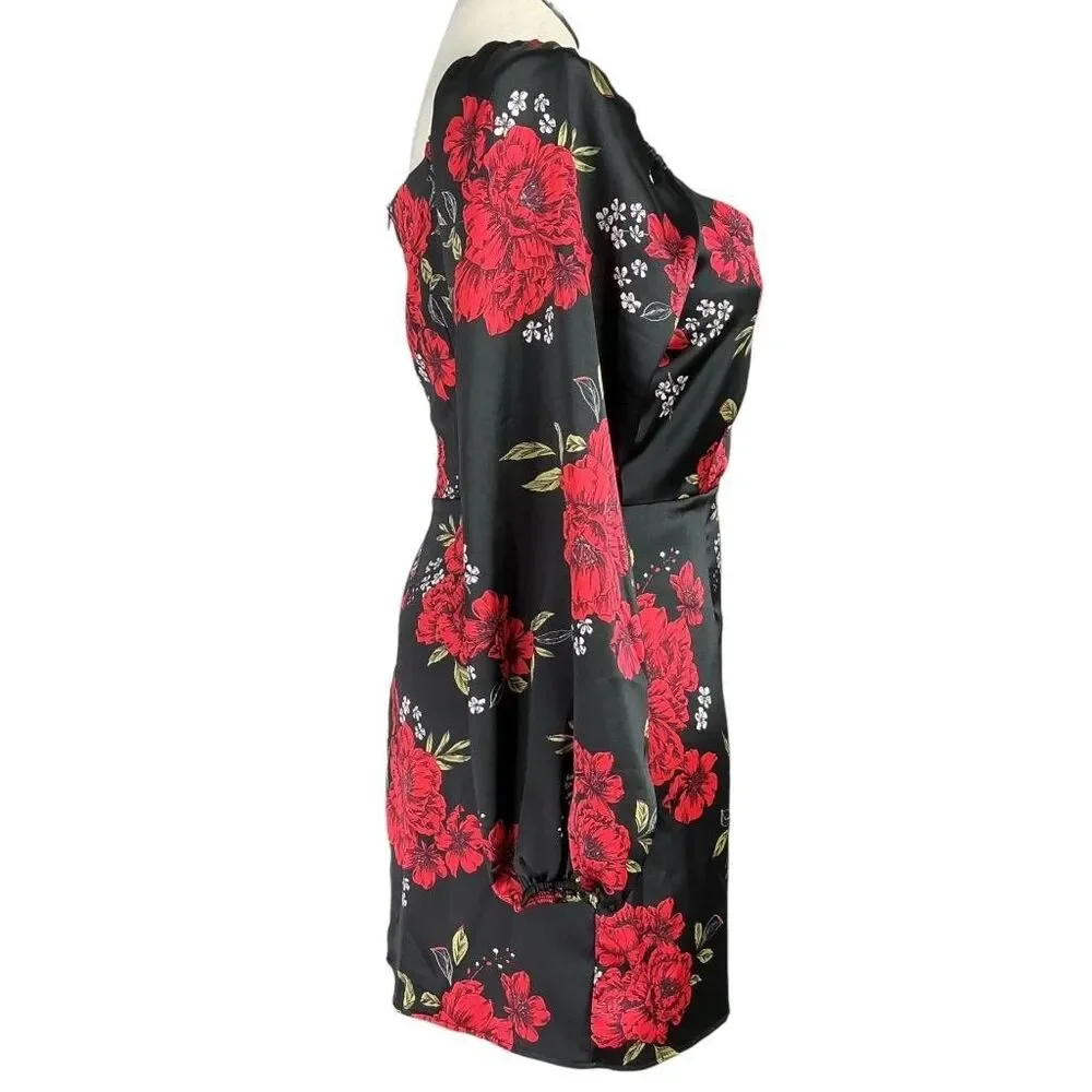 Lulus Mini Dress Women XL Black Red Satin Floral Invitation Long Puff Sleeve - Picture 5 of 7